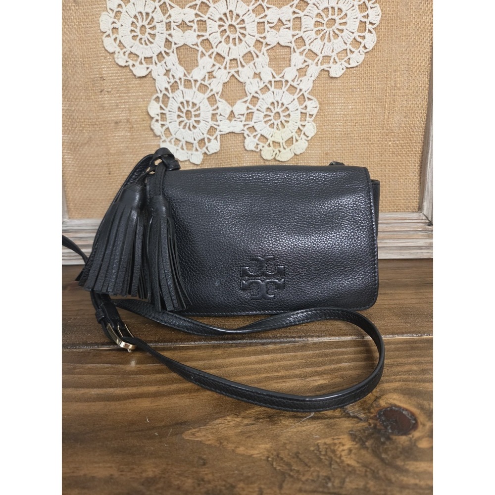 Tory Burch Black Pebbled Leather Thea Messenger Bag Flap Crossbody Purse Tassels